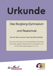 Teilnahmeurkunde Anne Frank Tag 2025